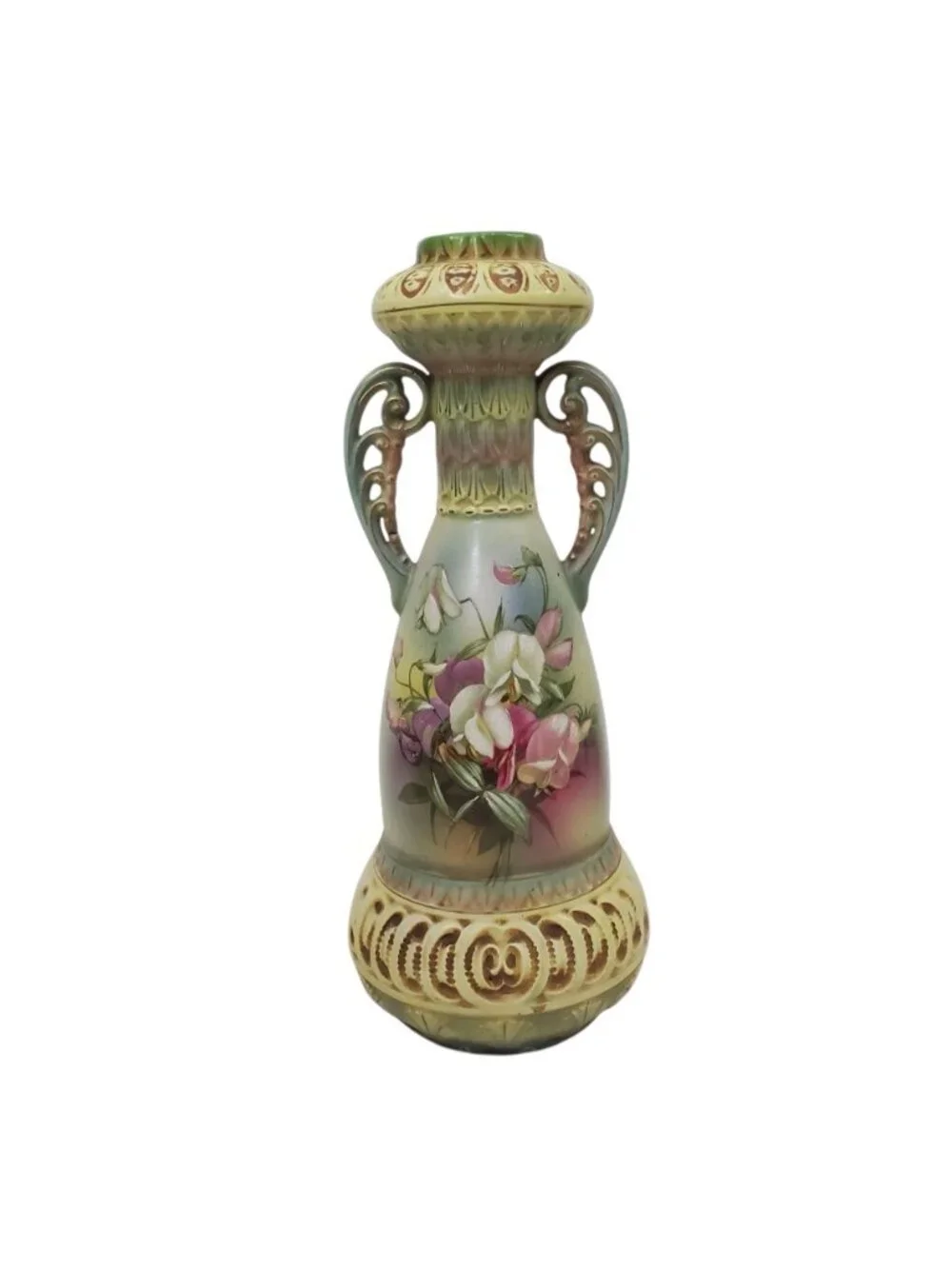 Antique Robert Hanke Austria Porcelain Vase Hand-Painted Floral Pierced Handles
